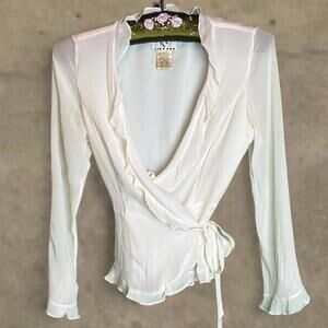 ICE fairy coquette ruffle tie silk blouse sz small white romantic cottage